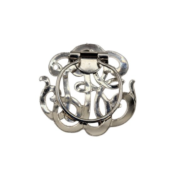 Monogrammed Scarf Clip Fancy Scroll Design Round Silver Tone - Picture 3 of 4